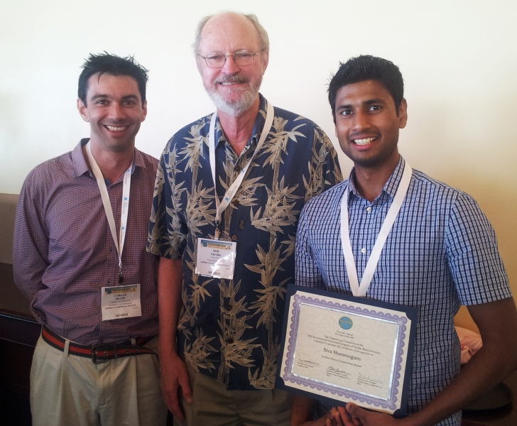 Sivaprakash Shanmugam standing proud next to Nobel Prize Winner for Chemistry in 2005, Professor Robert H. Grubbs (centre) and academic supervisor Associate Professor Cyrille Boyer (left)